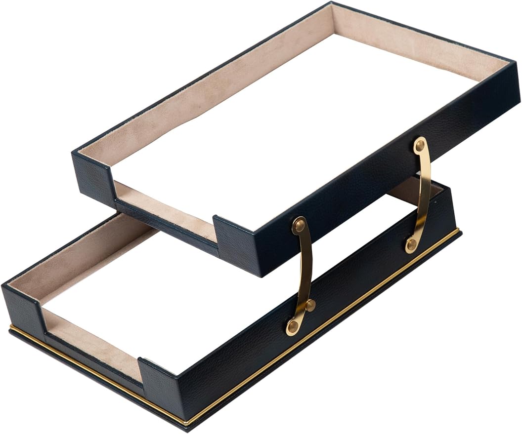 Cloud Luxury Leather Desk Set – 10 Piece Executive Desk Organizer with Desk Pad, Double Document Tray, Pen Holder, Memo Holder, Business Card Holder & Phone Stand – Gold Office Accessories (Navy Blue)