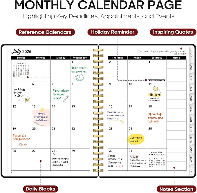 Planner 2026-2027, 6.3" x 8.5" Weekly and Monthly Academic Year Planner Calendar, July 2026 - June 2027, Hardcover Large School Planning Agenda With Tabs, Perfect for School & Office Supplies, A5, Black