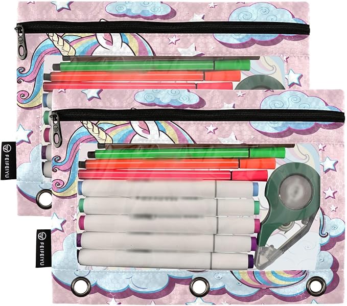 Cute Horse Pencil Pouch Fits Standard 3-Ring Binders, Zipper Binder Pencil Bag with Clear Window for Class Office 2 Pack