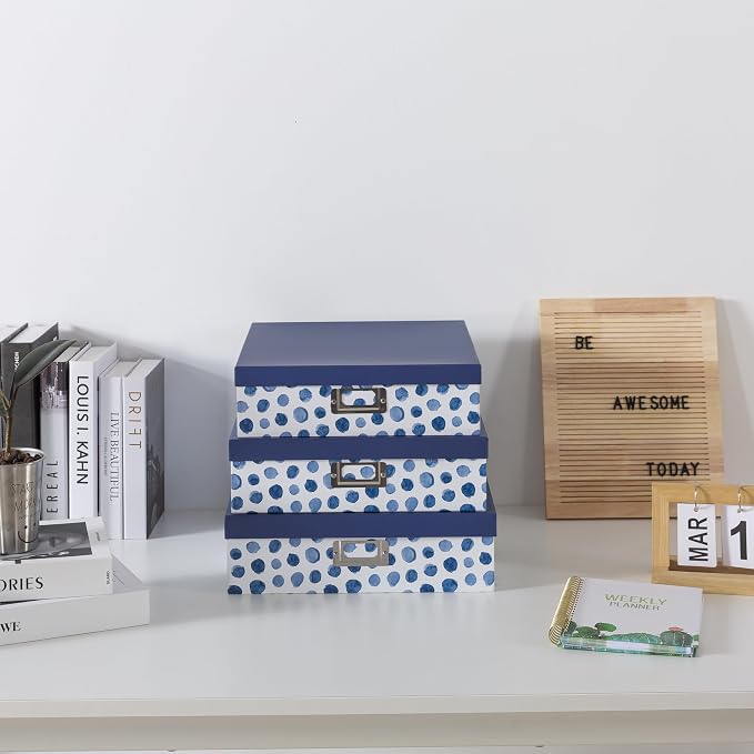 Soul & Lane - Decorative Storage Boxes with Lids, Set of 3, Blue Spots | Large Photo Keepsake Box Set for Organizing Documents and Memories, Cute Flat Nesting Cardboard Organizers for Scrapbooking