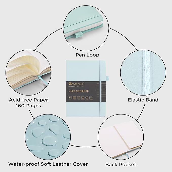 &And Per Se Lined Journal Notebook, 160 Pages, A5 5.7 x 8 inches College Ruled Thick Paper Notebook Journals for Writing, Hardcover Notebooks for Women Men Office School (1 Pack, Cyan)