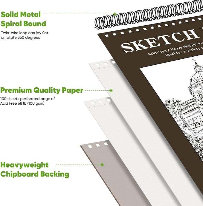 Soucolor Sketchbook 8.5x11,100 Sheets Thick Acid-Free Drawing Paper | 68lb/100gsm Lay Flat Sketch Pad Art Notebook for Adults Artists Teachers Students Classroom