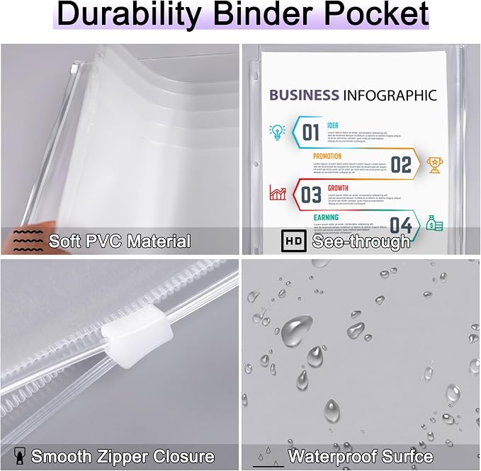 Antner 8 Pack Clear Letter Size Binder Pockets 3 Ring Binder Zipper Pouch Document Organizer, Waterproof PVC 3-Hole Loose Leaf File Bags Insert Sleeves Page Sheet Protectors Business Office Supplies