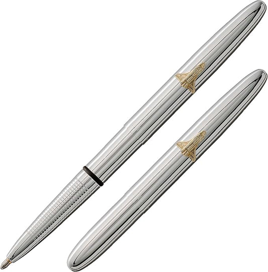 Fisher Space Pen Chrome Shuttle Emblem Bullet Pen, Pressurized Ballpoint Pen, Compact Size, Writes Upside Down, Extreme Temperatures, Smooth Black Ink, Medium Point, Gift Box, Made in USA