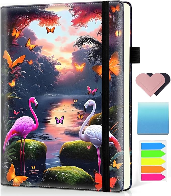 Hardcover Executive Notebooks, A5 PU Leather Lined Journal Notebook, 200 Pages Thick Paper Subject Notebooks for School,Work,Home Writing Business Notebook, Diary Book ，Pink Flamingo