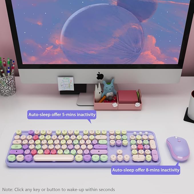 Kootop Wireless Computer Keyboard and Mouse Combo,Colorful Purple | Ergonomic Full Size Typewriter Retro Round Keycaps Keyboard, Compatible with Windows, PC, Perfer for Home and Office