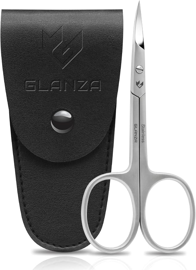 Cuticle Scissors Extra Fine Curved & Pointed Sharp Blades, German Quality Stainless Steel with Leather Case, Nail Care Manicure, Pedicure, Eyebrow, Eyelash & Mustache Scissors (Silver, Fine Sharp)