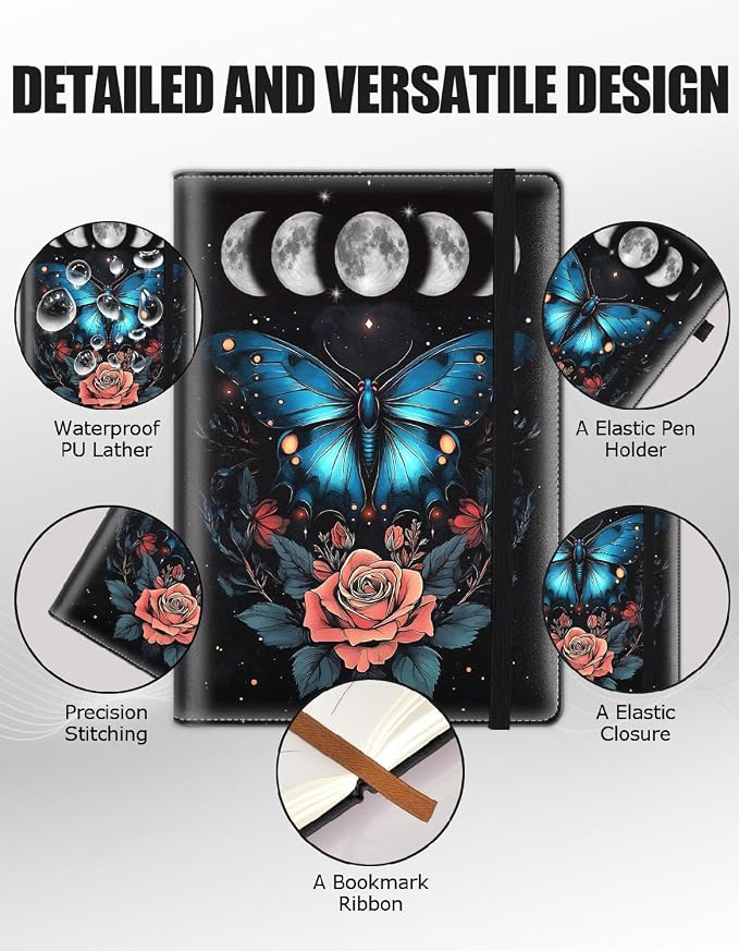 Hardcover Executive Notebooks, A5 PU Leather Lined Journal Notebook, 200 Pages Thick Paper Subject Notebooks for School,Work,Home Writing Business Notebook, Diary Book ，Butterfly Moon