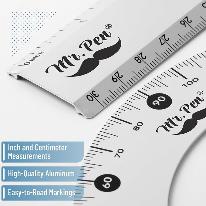 Mr. Pen- Metal Geometry Kit, 4 Pack, 45° & 30°/60° Set Squares | 6" Protractor & 12" Ruler, Durable Metal Drafting Tools for Technical Drawing, Math, Engineering & Architecture