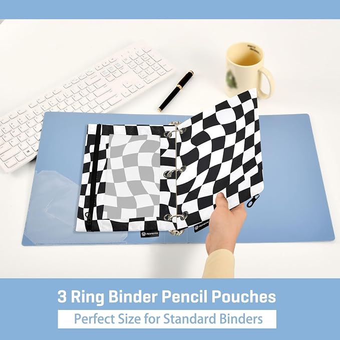 Gredecor 3 Ring Binder Pencil Pouch, Wavy Checkered Zippered Pen Case Pouches with Clear Window, 2 Pack Stylish Office & School Supplie