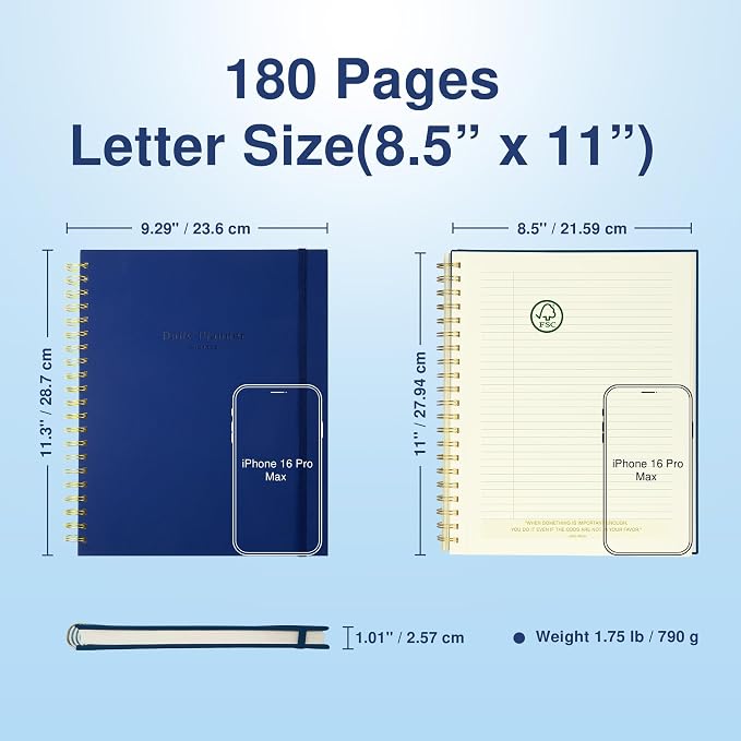 AuroPlanner Undated Daily Planner To Do List Hourly Schedule 2028 2027 2026 Calendar & Holiday Habit Tracker 180 Pages Letter Size 8.5" x 11" Sheets Hardcover Spiral Bound Notebook (Navy Blue)
