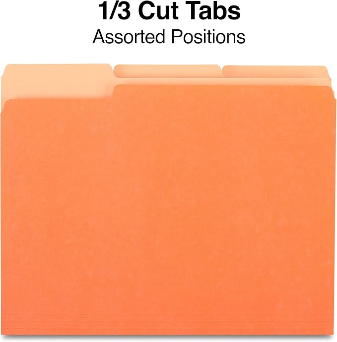 Staples File Folder, Letter Size, 1/3‑Cut Tab, Orange, Durable Paper Stock, 200/Carton