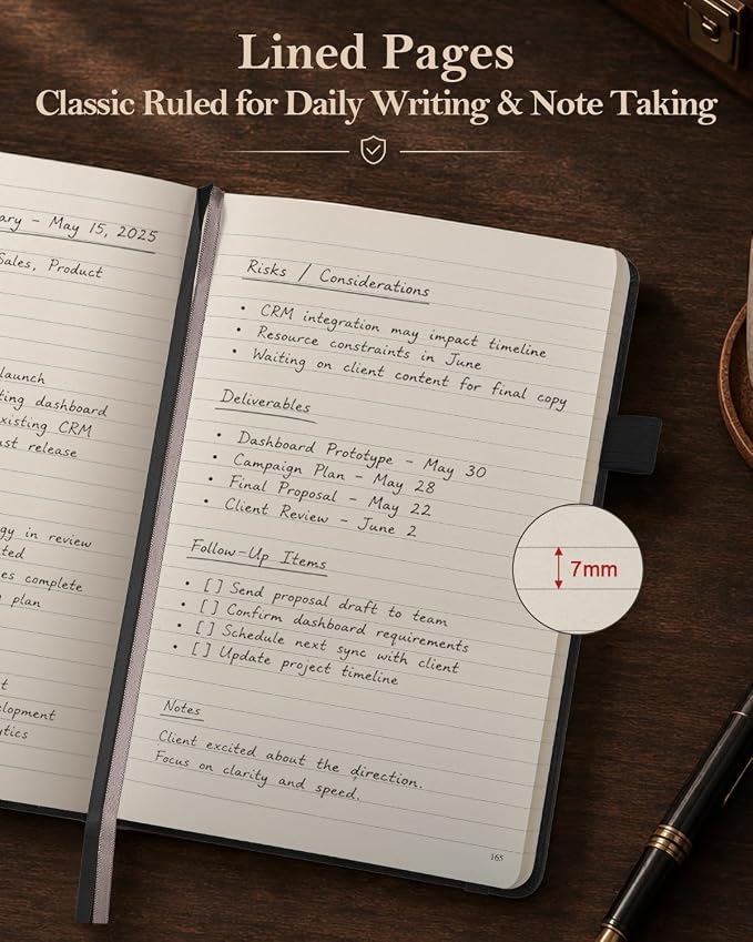 Lined Hardcover Leather Journal Notebook: A5 Journal for Women Men, Black | 312 Numbered Pages & Content, 100GSM Thick Paper, College Ruled Journals Note Book for Business Work Writing Diary