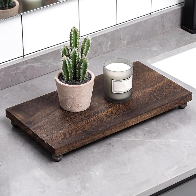 Amyhill Wood Pedestal Stand Kitchen Soap Tray Farmhouse Wooden Riser Stand for Kitchen Bathroom Counter Table Decor Plant Vases Display(Classic,Dark Brown,16 x 8 Inch)
