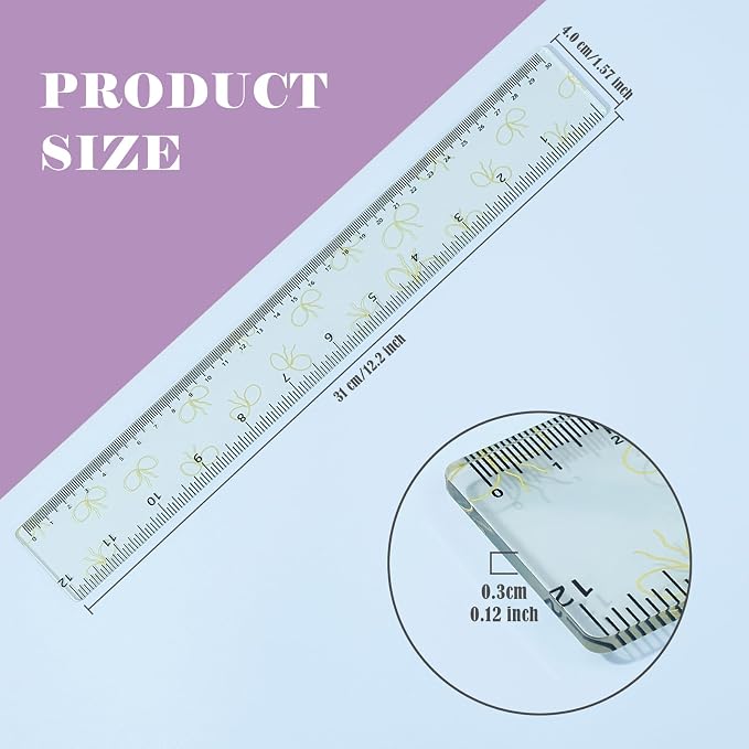 BAYTORY 4Pcs Transparent Acrylic Ruler 12 Inch, Plastic Straight Rulers | Shatterproof Student Stationery Centimeters with Inches, for Classroom Essentials School Supplies (Bowknot 12 Inch)