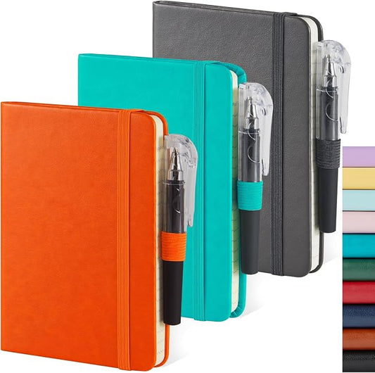 NIRMIRO 3 Pack Pocket Notebook Notepad with Pen, Mini Small Journal Notebook 3.7" x 5.7" for Women Writing, 408 Pages, Grey Orange Emerald