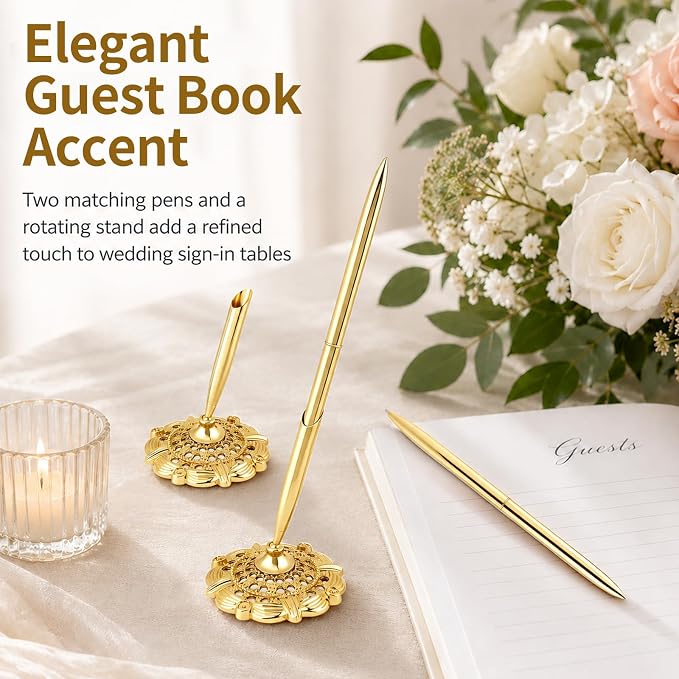 2 Pcs Gold Bridal Shower Pens for Guest Book with 360° Rotating Metal Pen Holder, Wedding Guest Book Signing Pen Set, Durable Metal Ballpoint Pens for Reception Table Decor
