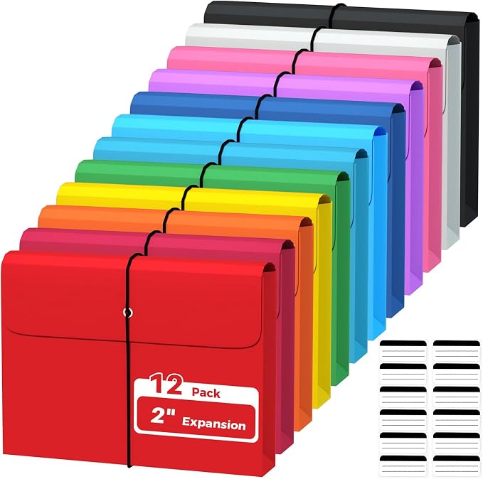 Ansook Plastic File Jackets, Expandable File Folders Letter Size with 2" Expansion, File Folder Organizer with Flap & String Tie, 12 Pack Poly Pocket File Folders for Office School Home – 12 Colors