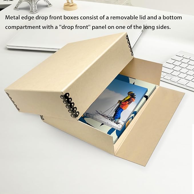 Lineco Drop Front Archival Storage Box, 17.75x22.75x3 in, Tan, 2 Pack | Acid-Free with Metal Edge, Preserves Picture Longevity, Organize Photos, Newspapers, Prints, Documents, Crafts, DIY
