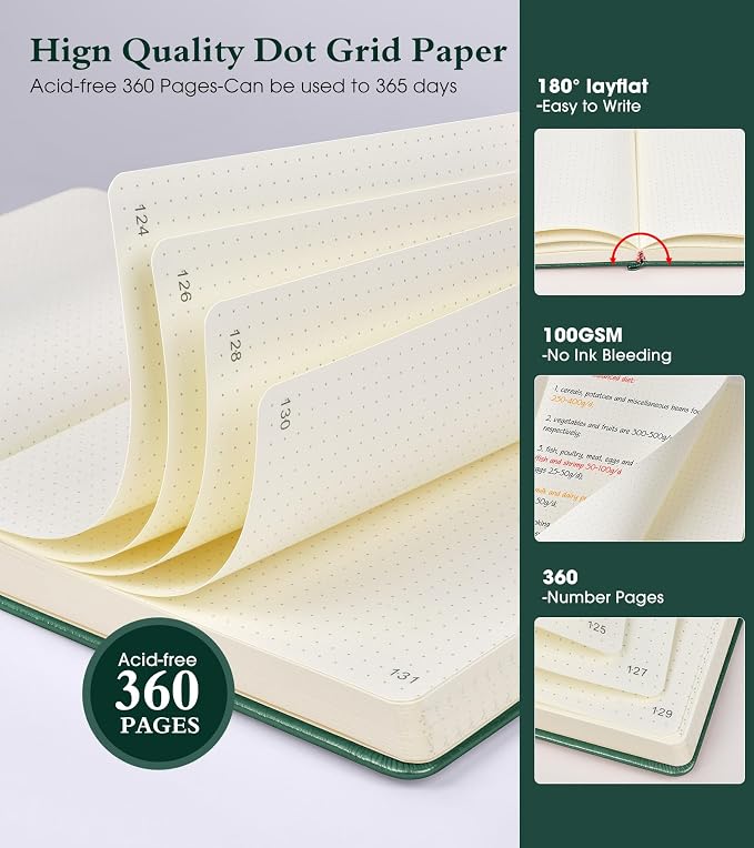 Ansopu Dotted Journal Notebook, 360 Numbered Pages Dot Grid Notebooks 8.5 x 11, 100gsm Dot Paper Thick Hardcover Leather Journals for Writing Women Men, A4 Large Bullet Dotted Notebooks Green