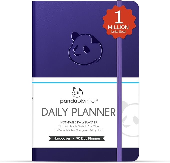 Panda Planner Classic A5 Undated Daily Planner 2026-2027, 8.25x5.75 Purple | Hourly schedule, to do list, habit tracker, gratitude journal, quarterly layout, 100 GSM paper