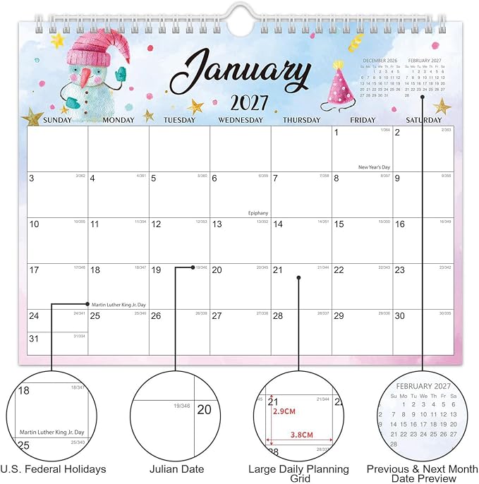Comix 2026-2027 Wall Calendar, 18 Month Planner for Home Office Classroom | 120GSM Thick Paper, Large Lined Blocks, Ink Bleed Resistant, Reinforced Hanger, for Home Office Classroom Family Planning