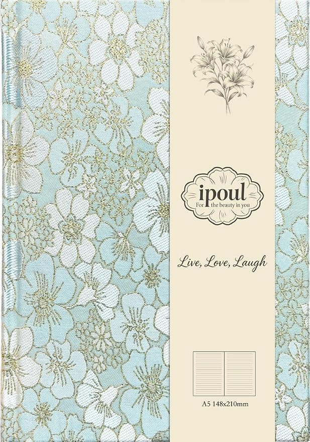 Blue Notebook, Beautiful Writing Journal for Women, A5, Hardcover, Lay Flat, Ruled Paper, Cherry Blossom Flowers, Cyan