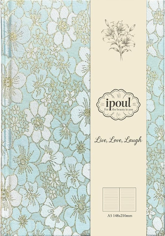 Blue Notebook, Beautiful Writing Journal for Women, A5, Hardcover, Lay Flat, Ruled Paper, Cherry Blossom Flowers, Cyan