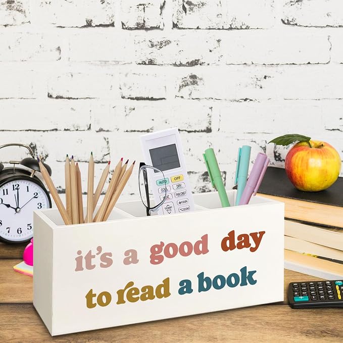 Bookmark Holder Decor Wooden Pen Pencil Holder for Desk, Book Club Gifts It's a Good Day to Read a Book Wood Makeup Brush Toothbrush Organizer for Reading Corner Room Library