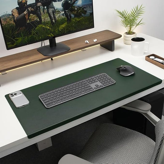 Edge-Locked Leather Desk Pad, Desk Blotter with Full Grip Fixation Lip, Waterproof Large Office Table Mat, Non-Slip Laptop Mouse Pads for Work Typing Writing (Dark Green,31.5"x15.7")