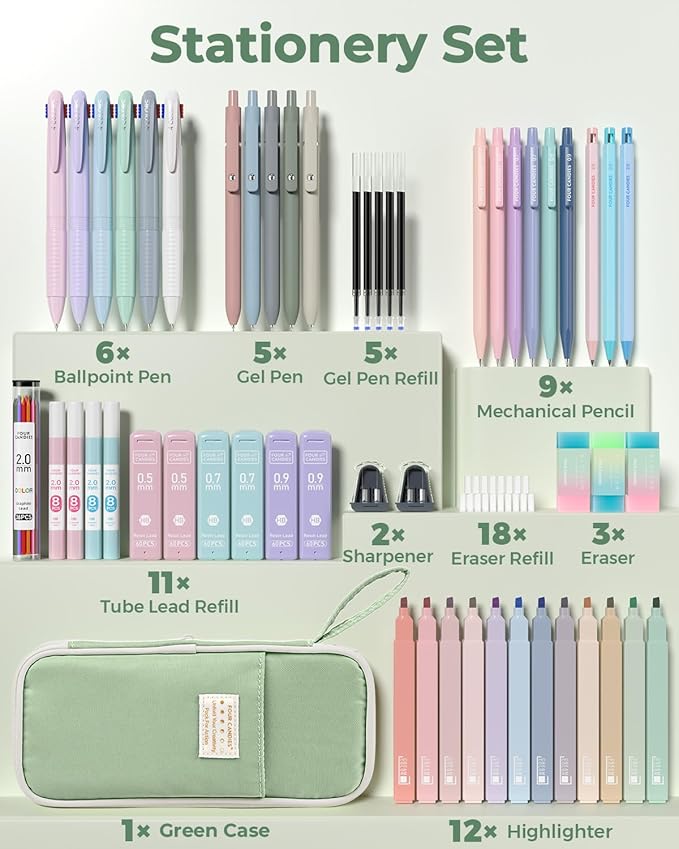 Four Candies 56 PCS School Supplies with Pencil Case, 6 Multicolor Pens, 12 Pastel Highlighters, 5 Gel Pens, 9 Mechanical Pencils for Student Back to School Stationery Set College Essentials (Green)