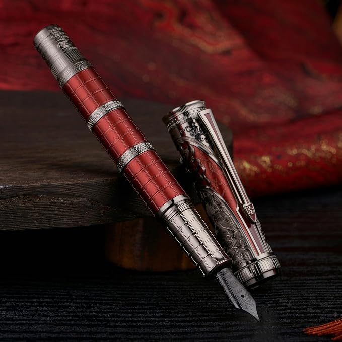 Hongdian D5X Fountain Pen Red Color Extra Fine Nib, Qin Dynasty Retro Chinese Totem Engraving Smooth Writing Pen with Converter and Pen Box Set