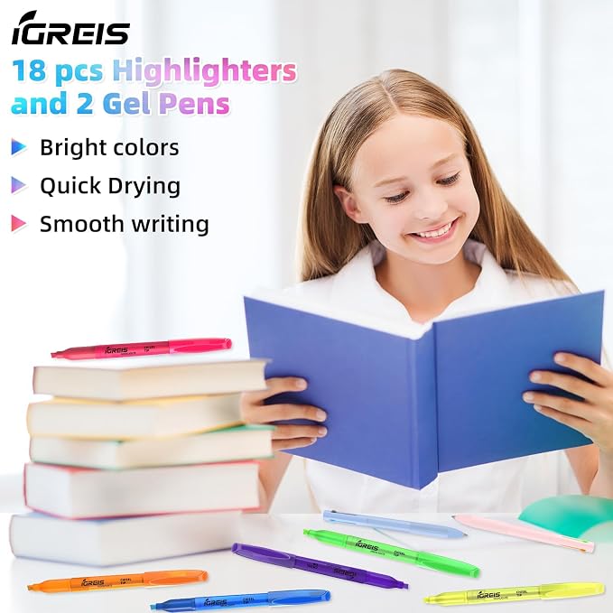 20 Pcs Highlighters and Gel Pens Set, 6 Color Highlighters and 2 Pcs 3 in 1 Multicolor Gel Pens, Chisel Tip Highlighters Assorted Colors, Quick Dry, Perfect for Class, School, Office