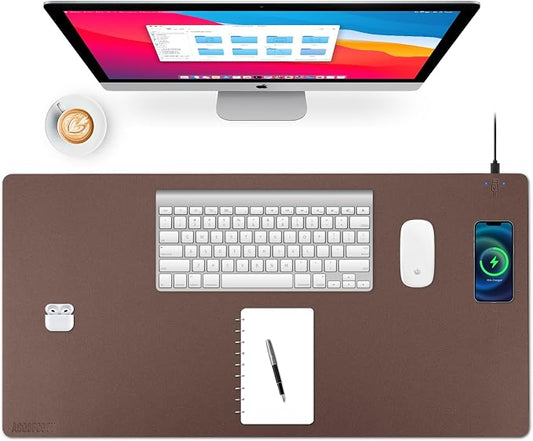 Wireless Charging Desk Mat, Mouse Pad, Brown-R, 36x17 inch