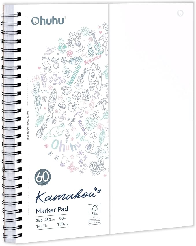Ohuhu Double-Sided Marker Pad Sketchbook Bleedproof - 11"x14" Large Paper Size - 90 LB/150 GSM Smooth Drawing Paper - 60 Sheets/120 Pages - Spiral Bound Sketching Book for Alcohol Markers