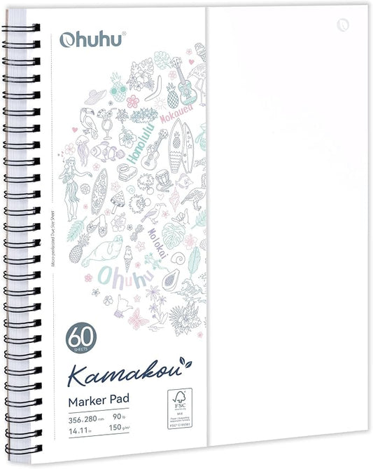 Ohuhu Double-Sided Marker Pad Sketchbook Bleedproof - 11"x14" Large Paper Size - 90 LB/150 GSM Smooth Drawing Paper - 60 Sheets/120 Pages - Spiral Bound Sketching Book for Alcohol Markers