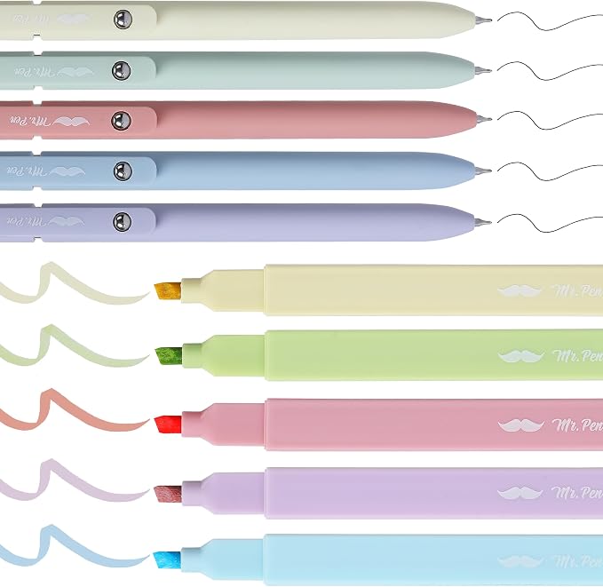 Mr. Pen- Aesthetic Highlighters and Gel Pens, 10 Pack | Assorted Colors Bible Highlighters No Bleed, Black Ink Gel Pens, Fast Dry and No Smear for Bible Journaling, Planner