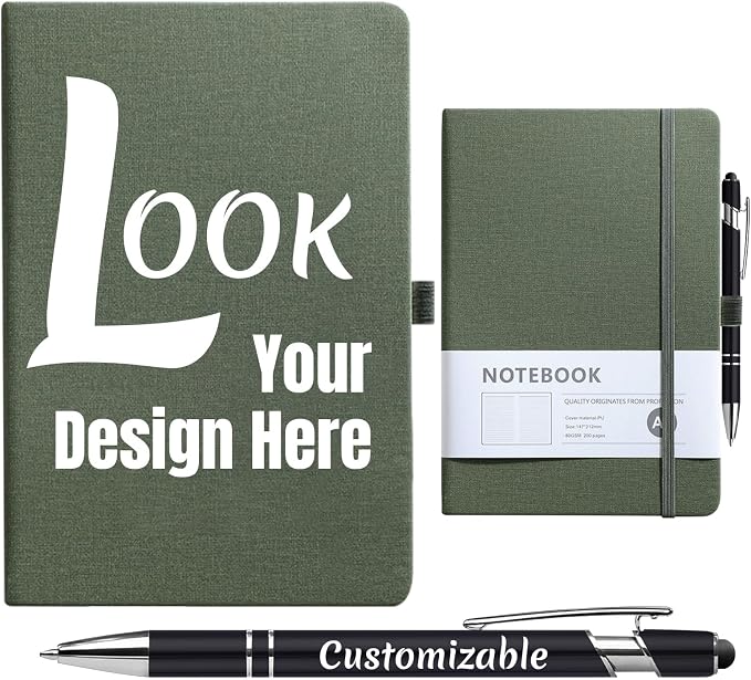 Custom Notebook and Personalized Ballpoint Pen Set, Customizable A5 Journal with Personalized Engraved Logo/Text/Image, 192 Pages, 8.3 x 5.8 Inches, Green