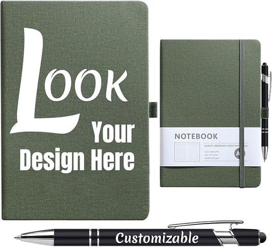 Custom Notebook and Personalized Ballpoint Pen Set, Customizable A5 Journal with Personalized Engraved Logo/Text/Image, 192 Pages, 8.3 x 5.8 Inches, Green