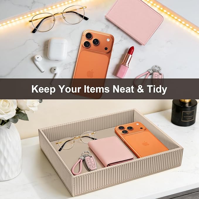 SITHON Valet Tray Desk Organizer PU Leather Catchall | Bedside Vanity Tray Nightstand Caddy Coin Box Key Jewelry Storage Organizer, Graduation, Stripe Latte