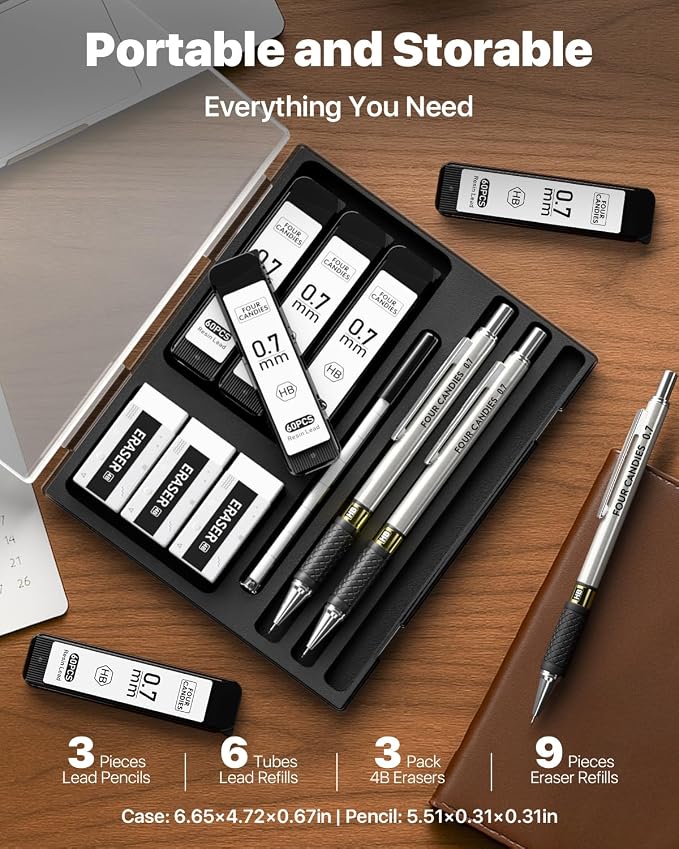 Metal Mechanical Pencil Set, 0.7mm Medium Point, 3-Pack with Storage Case | 360 Leads, 3 Erasers+9 Refills, Non-Slip Grips, For School Writing, Sketching, Art Drawing & Professional Drafting