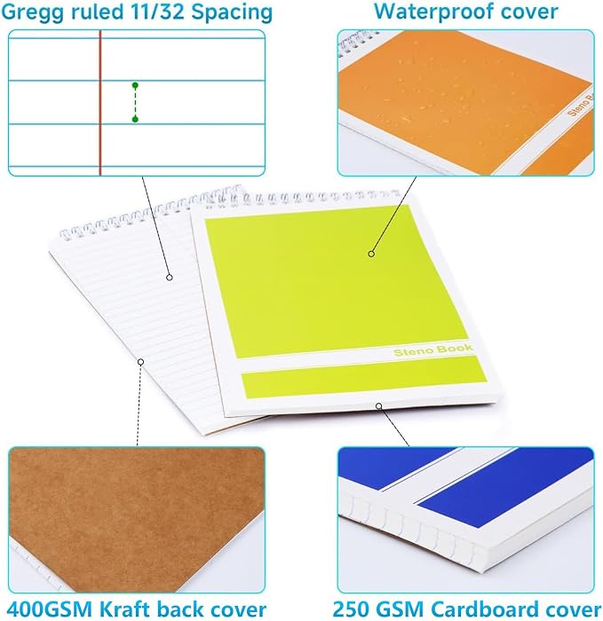 24 Pack Steno Pads 6x9 Spiral Notebooks Bulk 12 Assorted Colors Note Pads 60 Sheets Gregg Rule Writing Paper, Steno Notebooks for Students Teachers Men Women Professionals Office School Recording