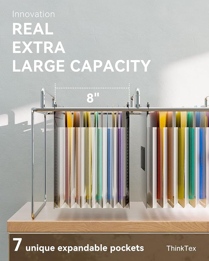 ThinkTex Plastic Expanding Hanging File Folders, 7 Innovative 1.2" Accordion Pockets, Large Capacity, Multi-Color Tabs, Legal Size for Filing Cabinet - 3 Packs