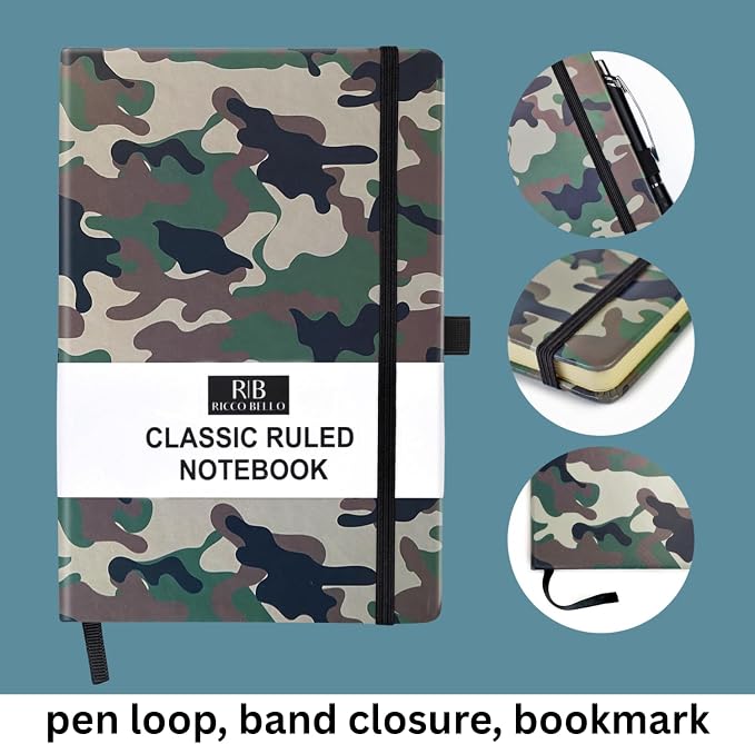 RICCO BELLO Lined Journal Notebook, Green Camo, 5.7 x 8.4-Inches | Faux Leather Hardcover, Pen Holder, College Ruled, 96 Sheets / 192 Pages