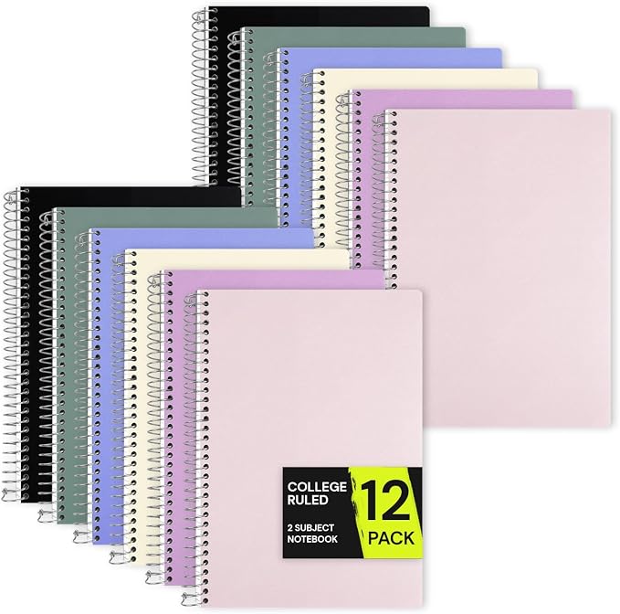 ONAVIA 2 Subject Spiral Notebook College Ruled, 200 Pages, Assorted | 100 ct, 6 x 9.5 in, Poly Cover, 2 Dividers, Double-Sided Pockets, Notebook for School, Study