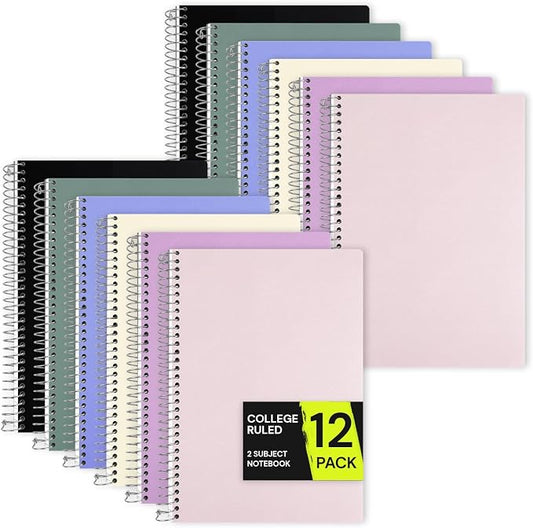 ONAVIA 2 Subject Spiral Notebook College Ruled, 200 Pages, Assorted | 100 ct, 6 x 9.5 in, Poly Cover, 2 Dividers, Double-Sided Pockets, Notebook for School, Study