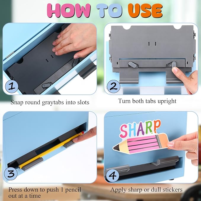 Mifoci 8 Pcs Wooden Pencil Dispenser Kit for Classroom Wooden Pen Holder Straw Dispenser Sharp and Dull Letter Stickers for Teachers Classroom Supplies Storage (Light Blue)