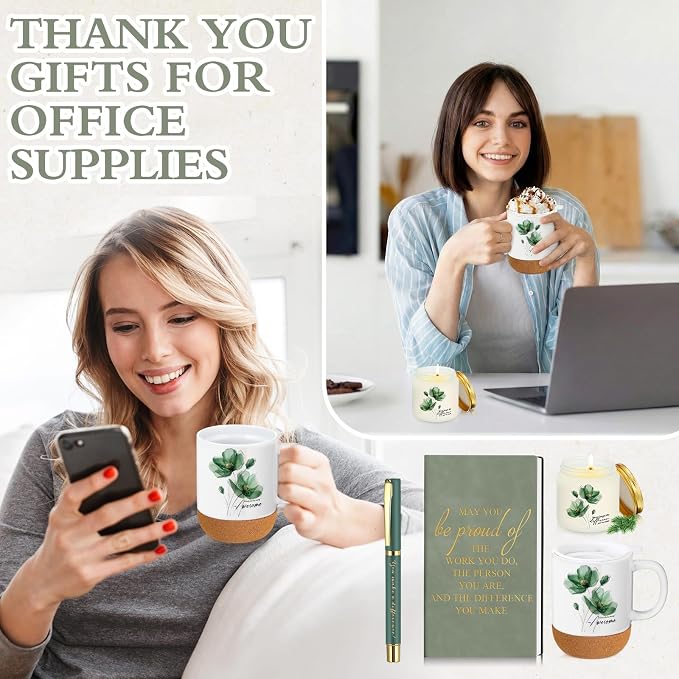 Sayglossy 4 Pcs Thank You Gifts Set for Women Back to School Teacher Appreciation Gift Leather Notebook Green Flower Coffee Mug Scented Candle Ballpoint Pen for Employee Coworker DSP Housekeeping Week