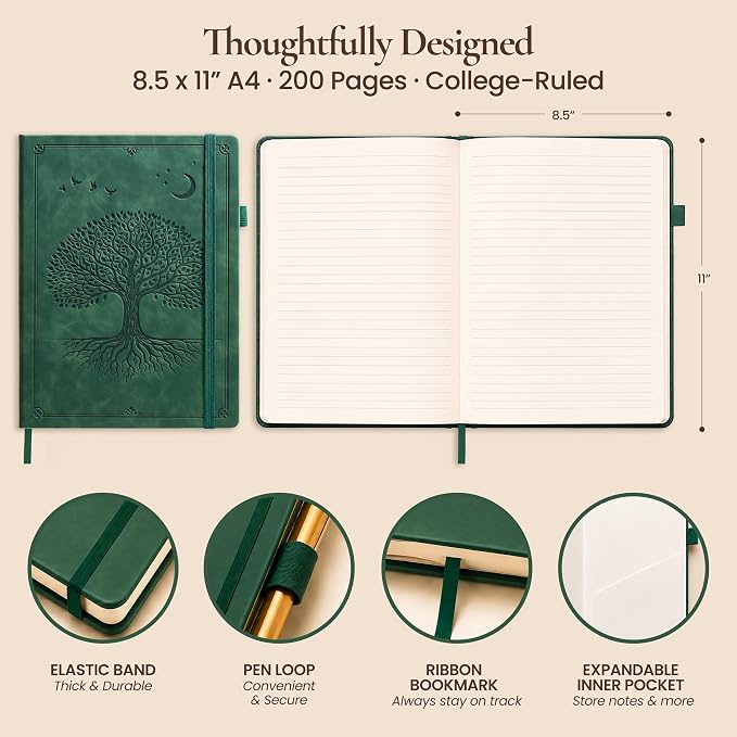 Lined Journal Notebook Hardcover Leather Bound 200 Pages A4 Green Diary | College Ruled 8.5x11" Journaling Notebooks for Men & Women, Writing for Personal, Large Travel Daily Note Book Tree of Life