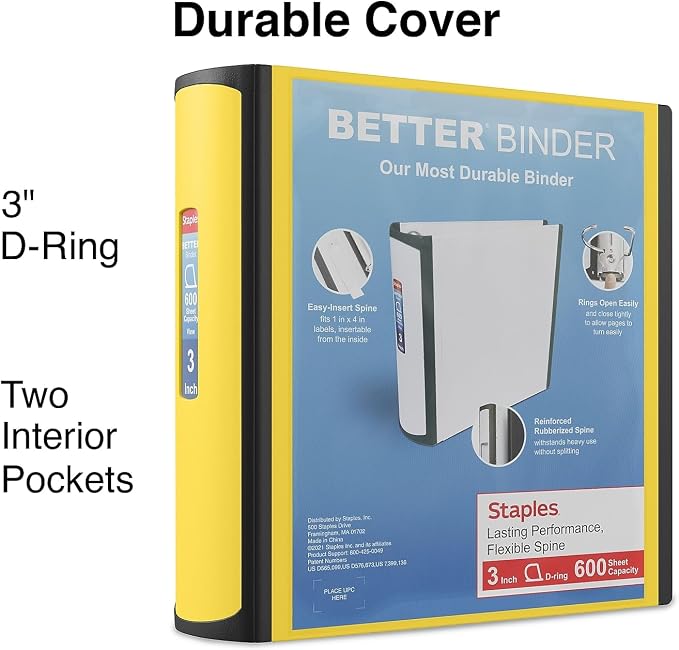 Staples Better Binder, 3" Heavy‑Duty D‑Ring 3‑Ring Binder, Yellow, Reinforced Spine, 600‑Sheet Capacity, High‑Visibility Organizer for Office, School & Filing, 2‑Pack